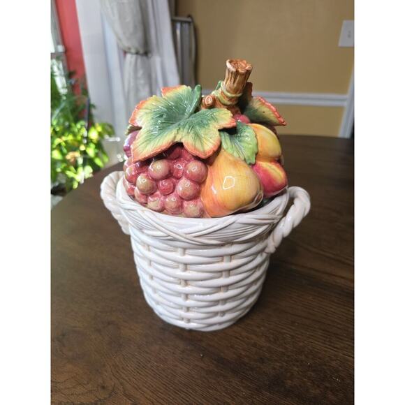 Fitz & Floyd Basket Weave Cookie Jar / Canister - Apple Pear Grape Peach 11 X 9 - Picture 4 of 16